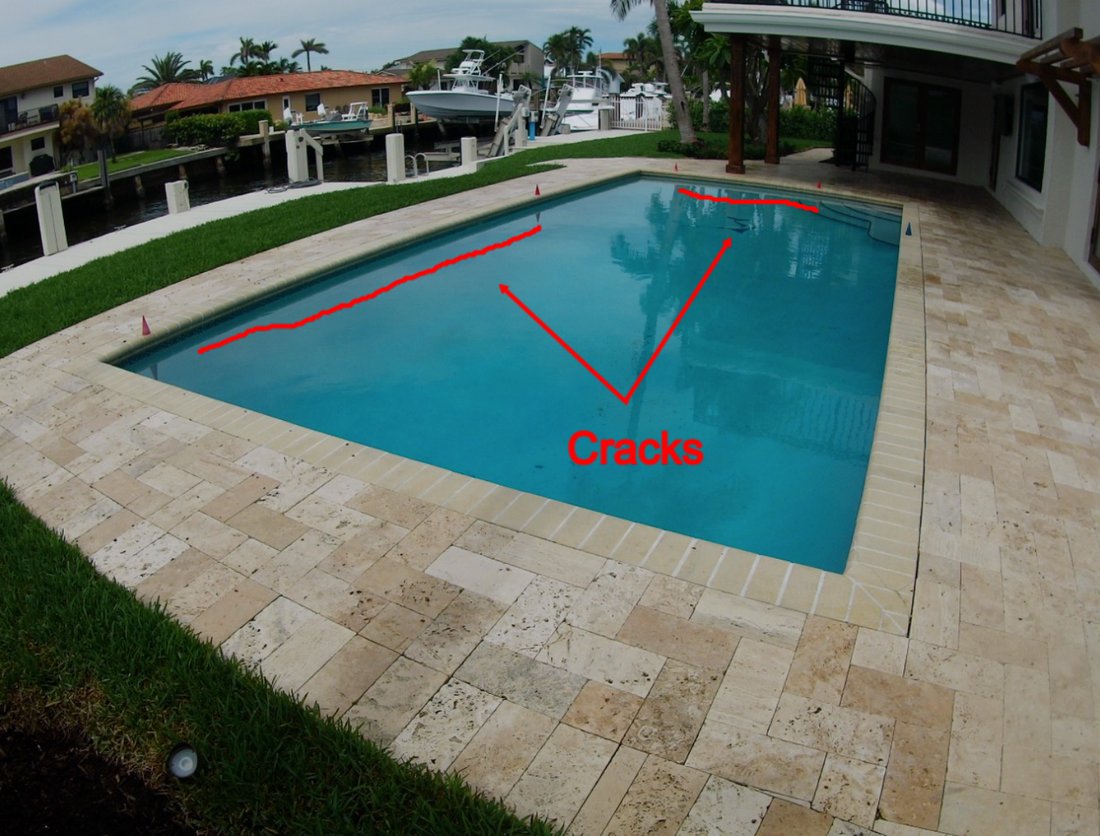 Backyard canal-front pool diagram marking cracking found along the shell during the interior grid inspection