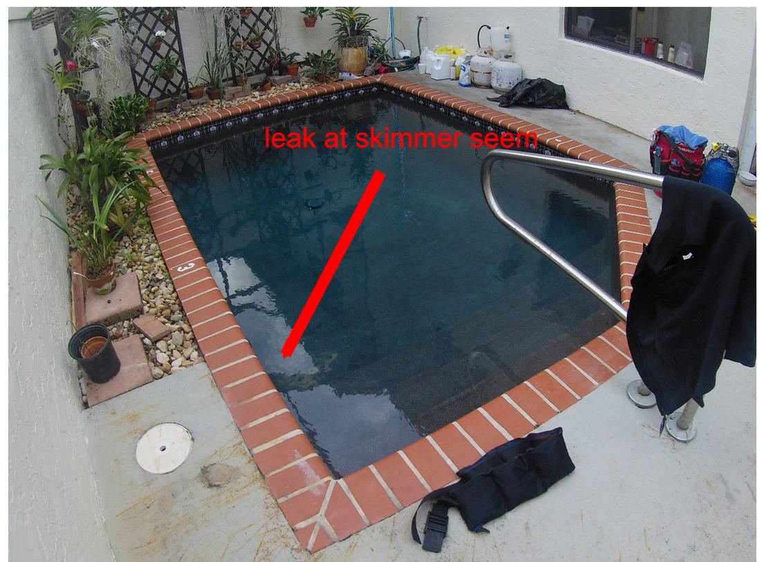 Pool diagram marking the confirmed leak location at the skimmer seam