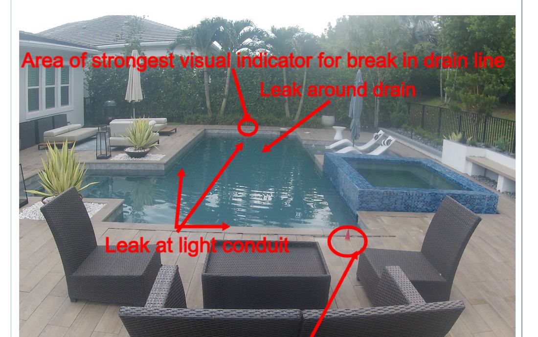 Marked leak points around the main drain and light conduit at an Avenir home in Palm Beach Gardens