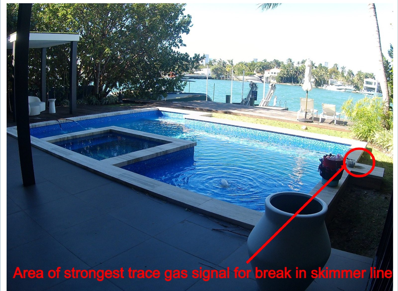 Waterfront pool deck with a circled marker and arrow showing the strongest trace gas signal at the skimmer canister