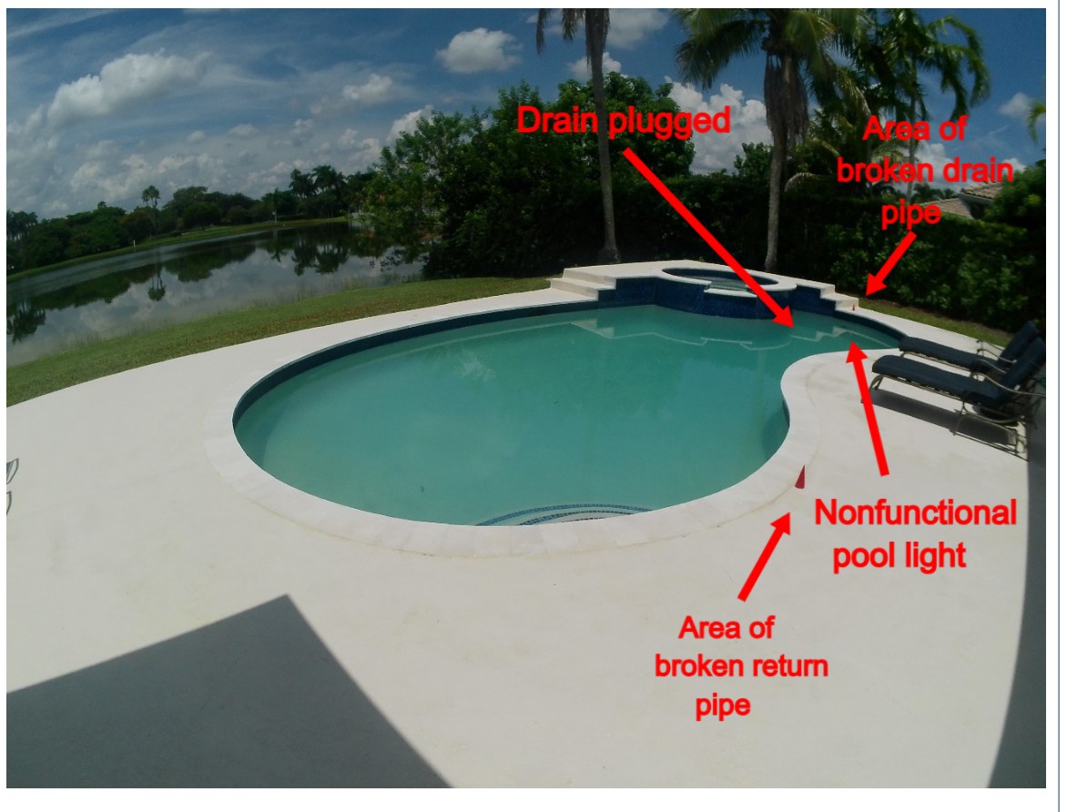 Report diagram marking the plugged drain, broken drain pipe, broken return pipe, and nonfunctional light on a Cooper City pool